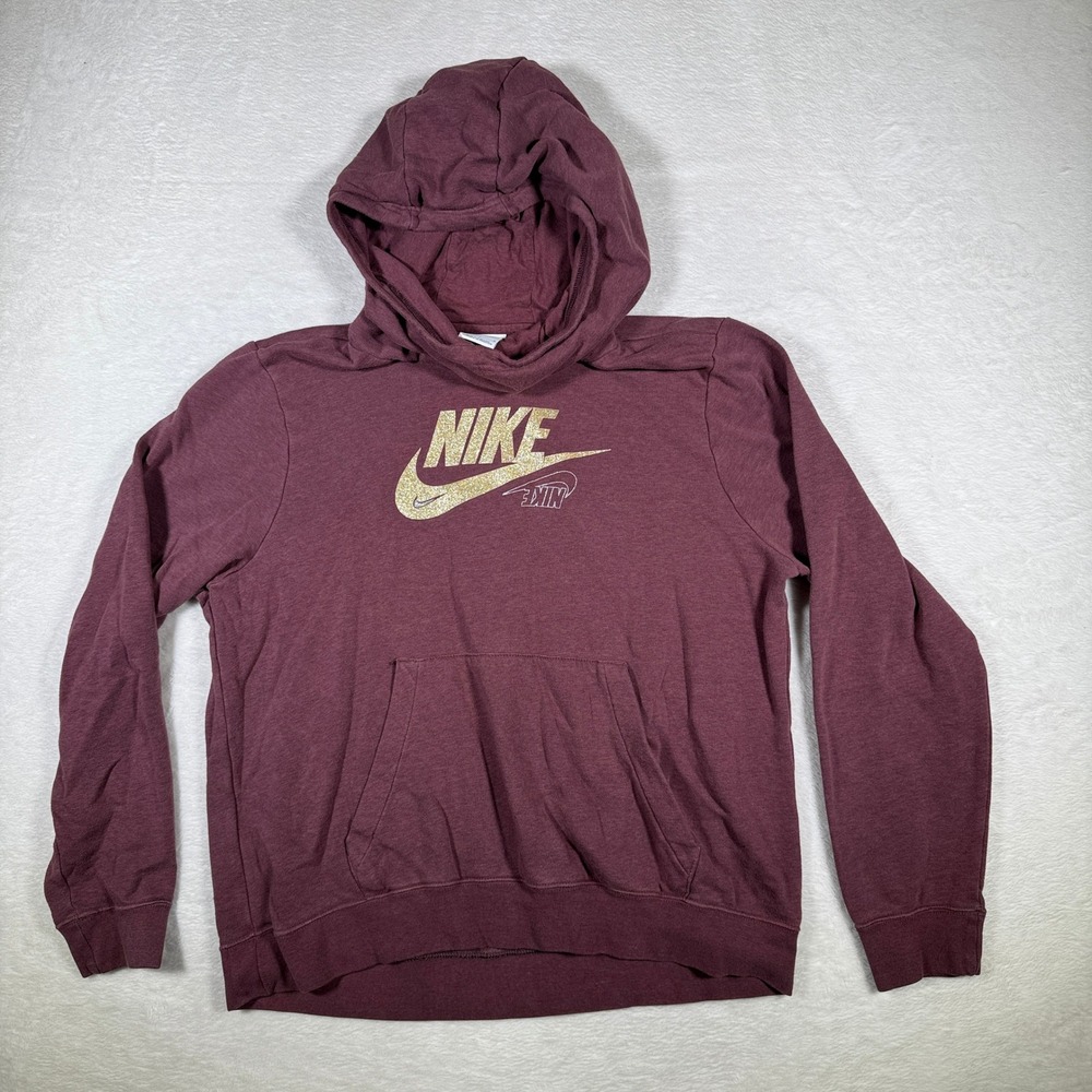 Nike Burgundy Gold Glitter Swoosh‎ Hoodie Pullover Size L